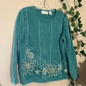 Alfred Dunner Turquoise Floral Knit Sweater